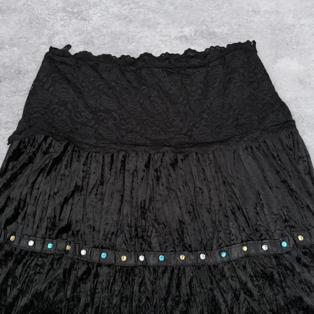 Connection 18 Black Crushed Velvet Lace Waist Midi Skirt Rhinestone Sequin XL - Picture 2 of 8